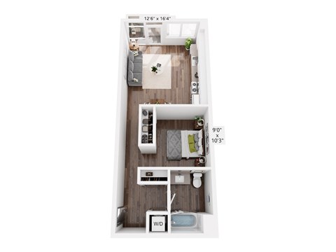 Floor plan for studio, 1 bath, 597 sqft